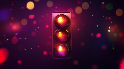 Poster - Vertical Traffic Light with Three Lit Lenses on Bokeh Purple Sparkle Background