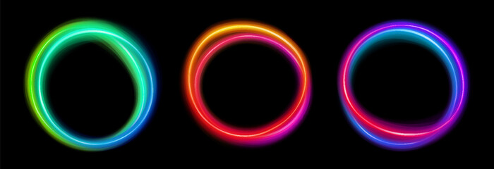 Set of glowing neon frames round shape with wavy dynamic lines isolated on black background. Collection of messy lines neon borders. Abstract background in vibrant colors. Stock vector futuristic desi