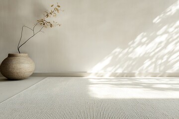 Poster - Woven Vase with Branches on Beige Floor and Wall, Interior, Sunlight and Shadow