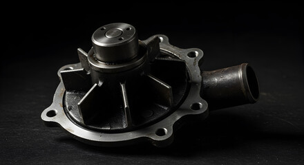 Poster - Black Automotive Water Pump Detail Shot on Dark Surface in Studio Lighting