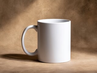 Poster - Morning light casts a warm glow on a single white ceramic mug resting on a beige desk
