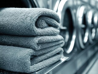 Poster - Softly folded towels on a laundry machine in daylight showcase simplicity and cleanliness
