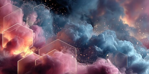 Wall Mural - wallpaper showcasing swirling pink, purple, and blue neon haze with glowing particles and subtle gol