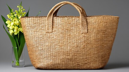 Poster - Stylish straw bag accented with vibrant flowers in a serene indoor setting
