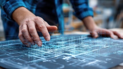 Fototapete - Close-up of an Engineer's Hand Interacting with Blueprint Technology