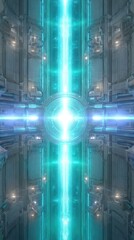 Poster - Ethereal blue beams emanate from a luminous core in a futuristic architectural setting