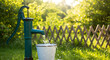 © abu - Green Water Pump Faucet Spilling Into Bucket on a Sunny Day in a Lush Green Garden with Wooden Fence