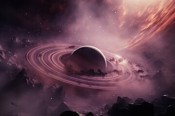 Wall Mural - mysterious ringed planet in cosmic nebula. celestial body with saturn-like rings surrounded by pink 