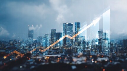 Poster - Double Exposure City View with Business Growth Hologram Effect