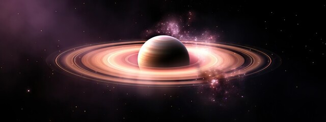 Wall Mural - saturn-like planet with glowing rings in cosmic space. exoplanet exploration concept. astronomical d