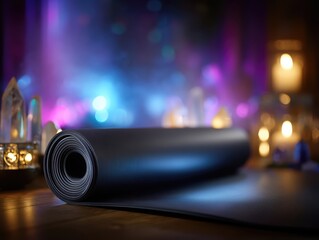 Poster - Candle lit yoga space with incense smoke and crystals for a tranquil practice