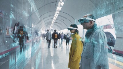 Poster - Futuristic Metro Station with Passengers Using Smart Glasses