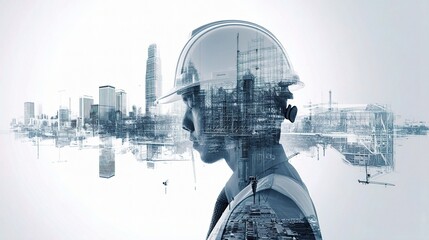 Fototapete - Civil Engineer with Blueprint and Cityscape Overlay in Profile