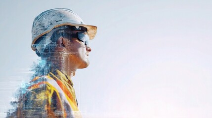Poster - Safety Contractor Wearing Helmet with Layered Technology Design