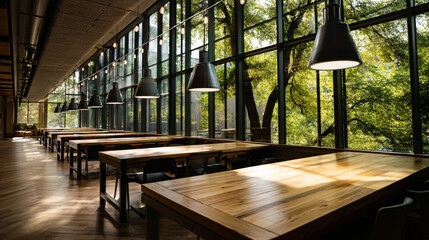 Poster - Interior view of a long room with wooden tables and chairs near a large window with trees outside