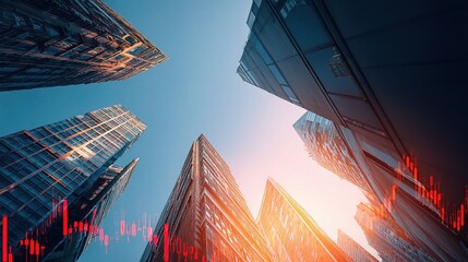 Poster - Skyscrapers Against Sky with Stock Indicators Overlaying Design