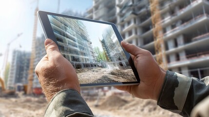 Poster - engineer holding tablet on construction site for real-time monitoring