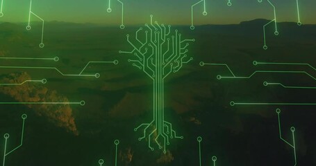 Poster - Neon-green circuit tree glowing over rugged desert terrain, extending circuit traces in flat design