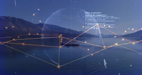 Poster - Wireframe globe with golden nodes, floating code snippets hovering over lake with cargo boat moving