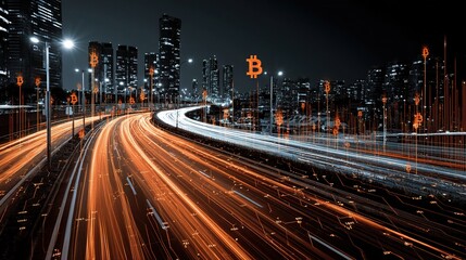 Poster - Urban Traffic Trails at Night with Cryptocurrency Illustrations