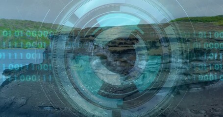 Poster - Circular HUD overlay floating over rocky shore, showing radial data dials and turquoise binary code
