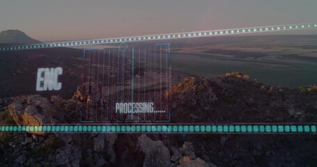 Poster - Translucent HUD overlay showing teal dotted lines and data panel floating over rocky valley