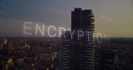Poster - 3D render skyscraper showing floating encryption text and binary digits over dusk cityscape