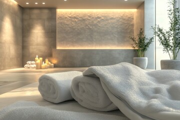 Poster - Spa interior featuring rolled towels and ambient lighting in a serene setting