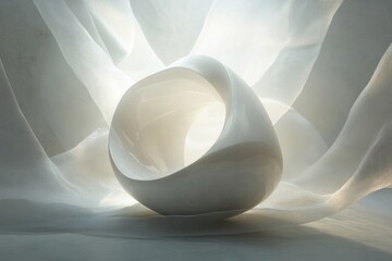Poster - Artistic sculpture illuminated by soft light in a tranquil setting with delicate fabric around