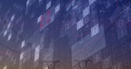 Poster - Power transmission towers standing against dusk sky, showing dotted globe and flowing data charts