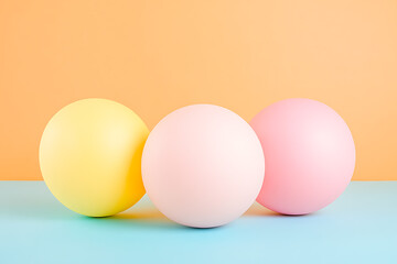 Poster - Minimalist display of pastel spheres against a colorful backdrop, conveying a sense of playfulness and balance in a simple, modern composition.