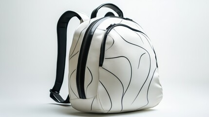 contemporary white backpack with abstract digital graphic designs, smooth finish, and reflective acc