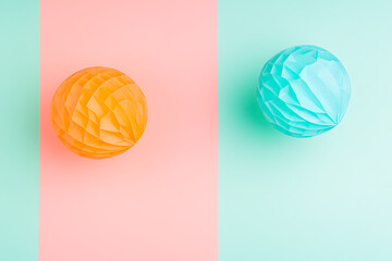 Aufkleber - Abstract minimalist still life with two spherical honeycomb decorations against pastel color-blocked backdrop, creating geometric contrast.