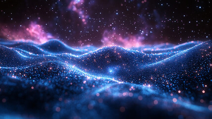 Wall Mural - Dark Sky With Wavy Blue Nebula Dust And Sparkling Star Field Background Galaxy