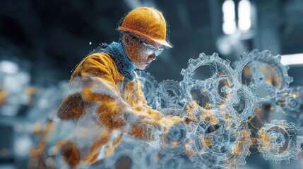 Poster - Technologist Interacting with Holographic Gears in Futuristic Setting