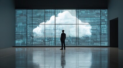 Poster - Man Standing in Front of Digital Wall Displaying Cloud Technology