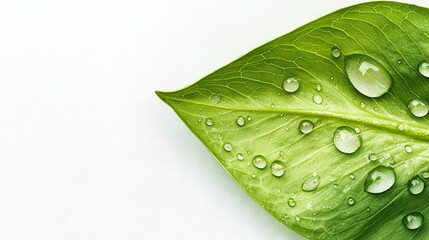 Wall Mural -    a green leaf with water droplets on its surface, set against a white background