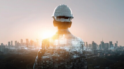 Poster - Engineer Overlooking Cityscape with Sunset Reflection Effect