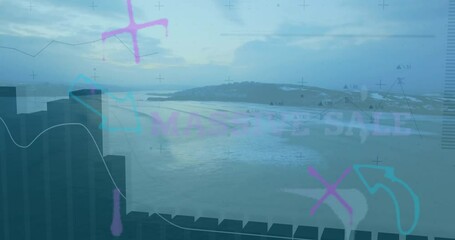 Poster - Composite data visualization being overlaid on dusk coastal seascape, showing bar charts, arrows