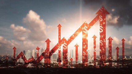 Poster - City Skyline with Rising Graph and Arrows Illustrating Growth