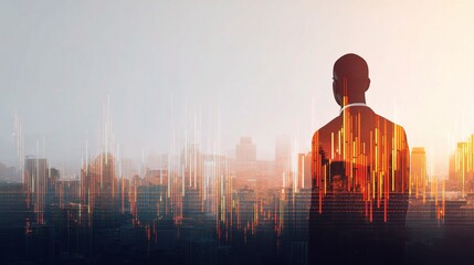 Poster - Businessman Overlooking a City Skyline with Abstract Data Visualization