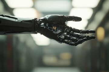 Poster - Robotic hand reaching out in a futuristic setting with intricate details and design