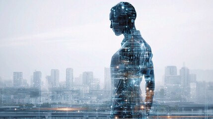 Poster - Digital Twin Concept Depicting Professional Duplicated Figure in Urban Scene
