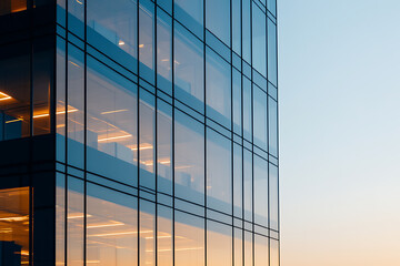 Poster - Modern architecture featuring sleek glass and steel design, with warm interior lighting against a soft sky during sunset or sunrise.