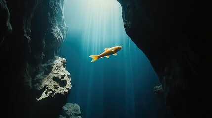 Wall Mural - a fish glides past a rock formation beneath sunlight filtering through water
