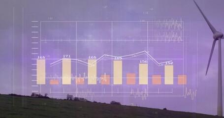 Poster - Wind turbine being visualized on green hillside, overlaying bar charts, line graphs, waveform plots