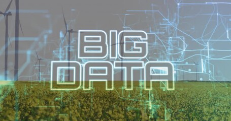Poster - Neon BIG DATA sign glowing over yellow crops, blending digital circuits and rising wind turbines