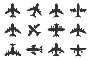 Poster - Airplane Vector Icons Set Different Aircrafts Silhouette Collection Transportation And Travel Concept Graphic Design Elements Aviation Symbols On White Background