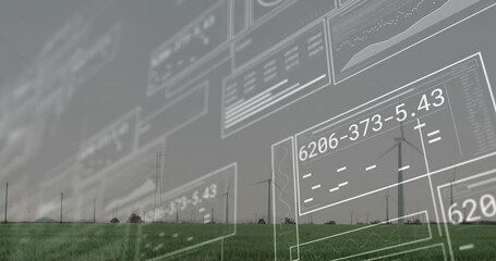 Poster - Wind turbines rotating over green grassland, flat design data panels hovering above cloudy sky