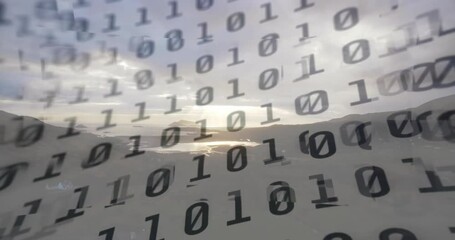 Poster - Binary digits flowing across dawn coastal panorama, creating translucent digital overlay effect